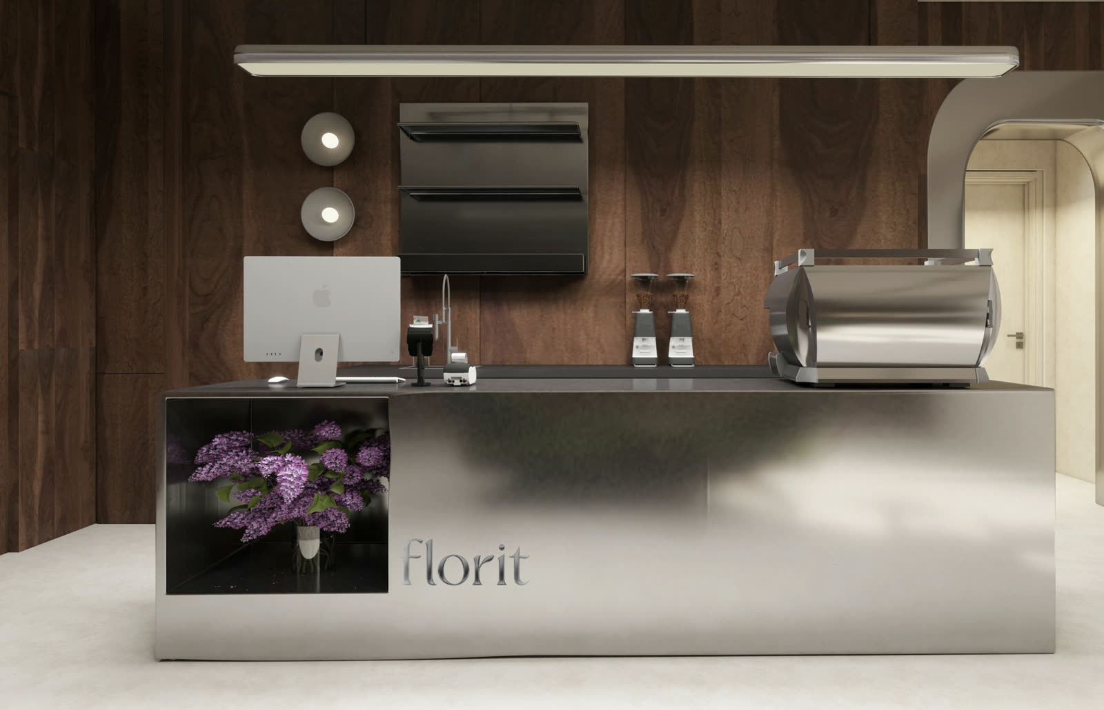 Barul de la Sip, în inox, cu espressorul și râșnițele.